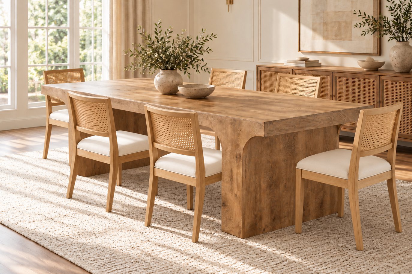 Arched panel dining table, Table and six chairs