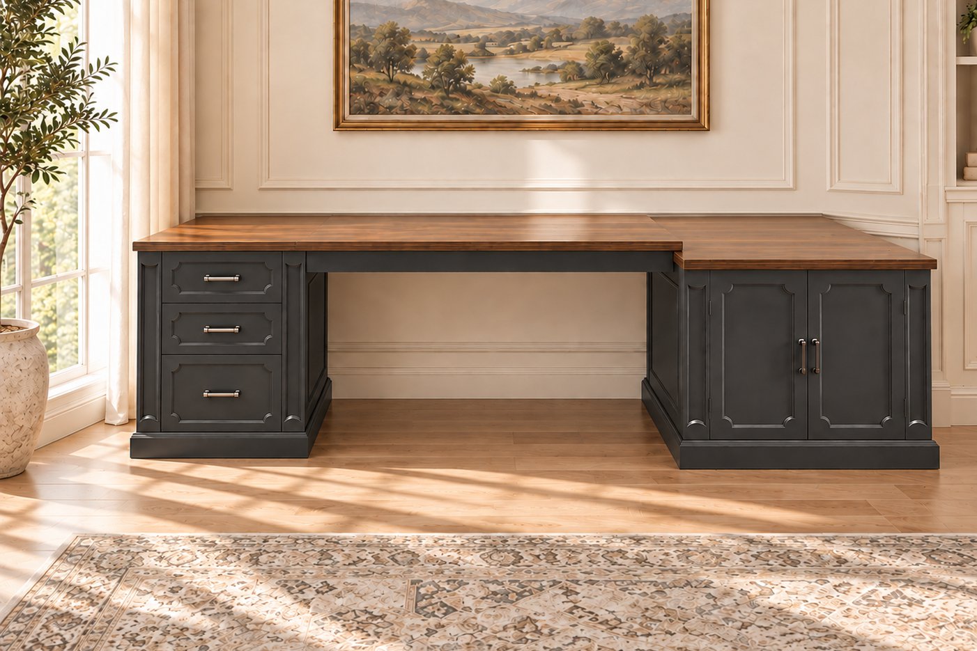 Black pedestal desk with cabinet return, view 2
