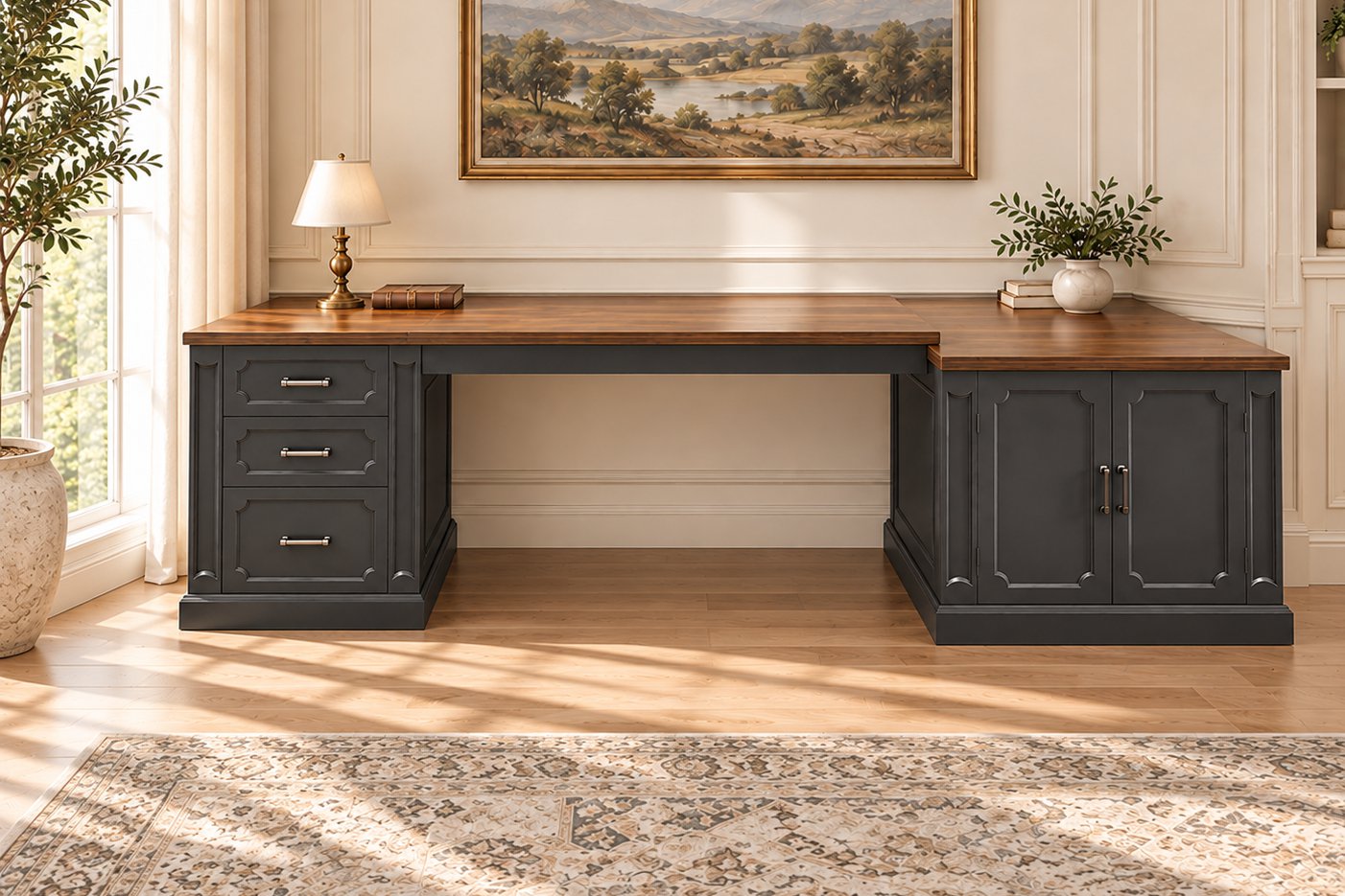Black pedestal desk with cabinet return