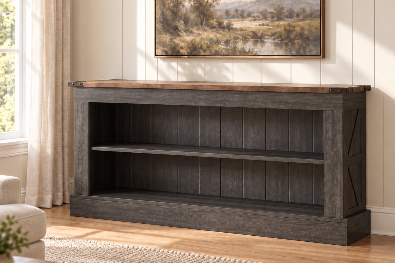 Charcoal console with shelves, view 2