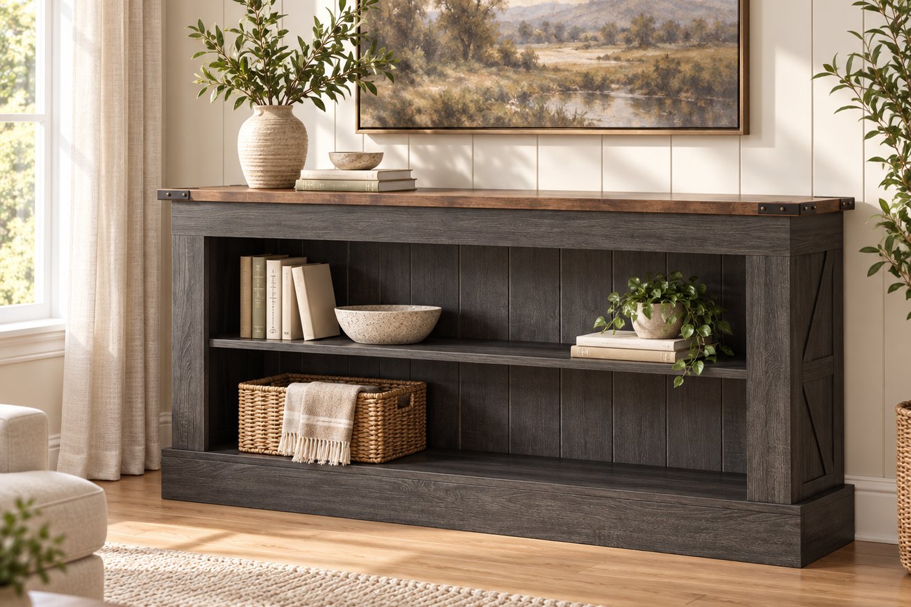 Charcoal console with shelves