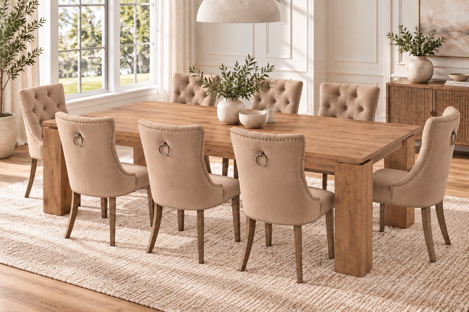 Oak dining set, eight seat, Table and eight chairs