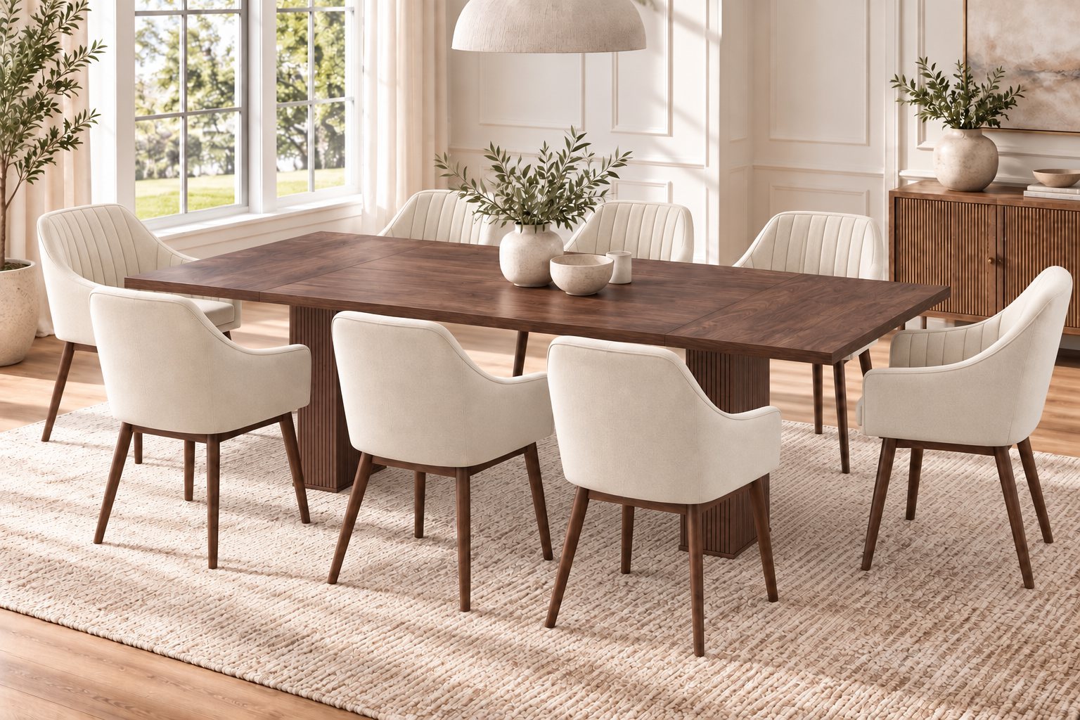 Fluted pedestal dining set, Table and six chairs