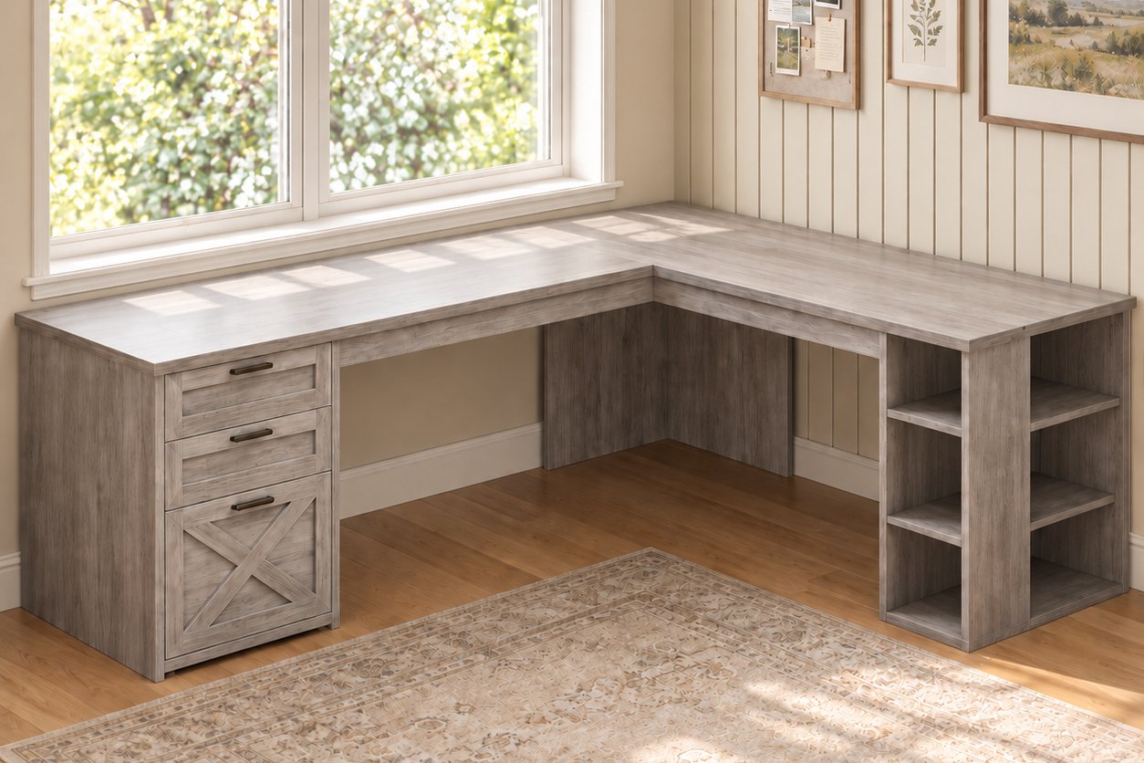L-shaped desk with open shelving, view 2
