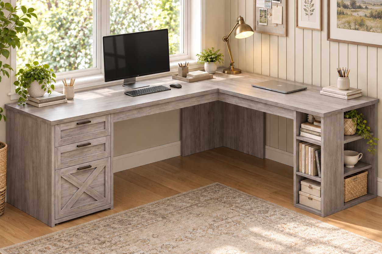 L-shaped desk with open shelving