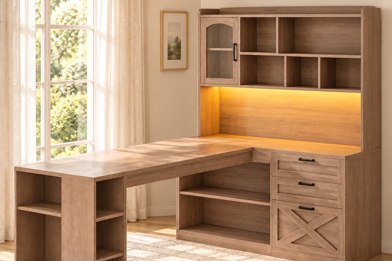 L-shaped desk with hutch, view 2