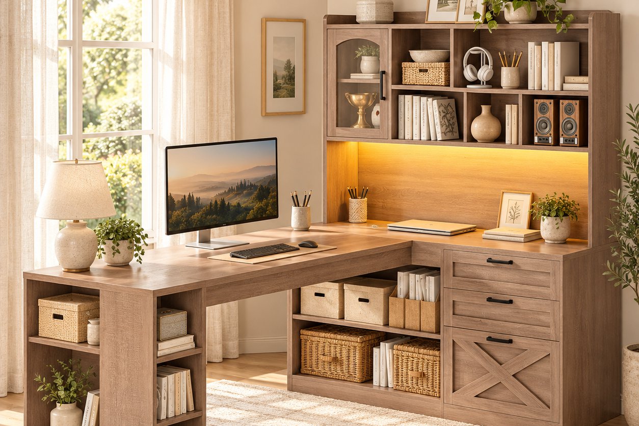 L-shaped desk with hutch