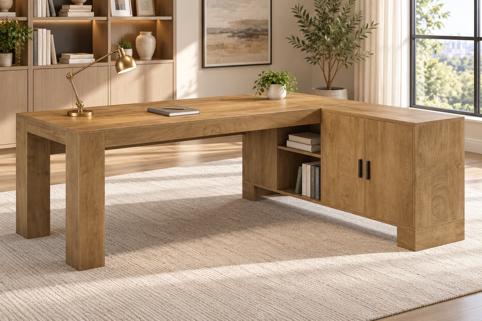 Oak desk with cabinet return