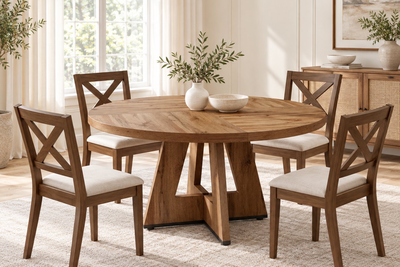 Round oak pedestal table, Table and four chairs