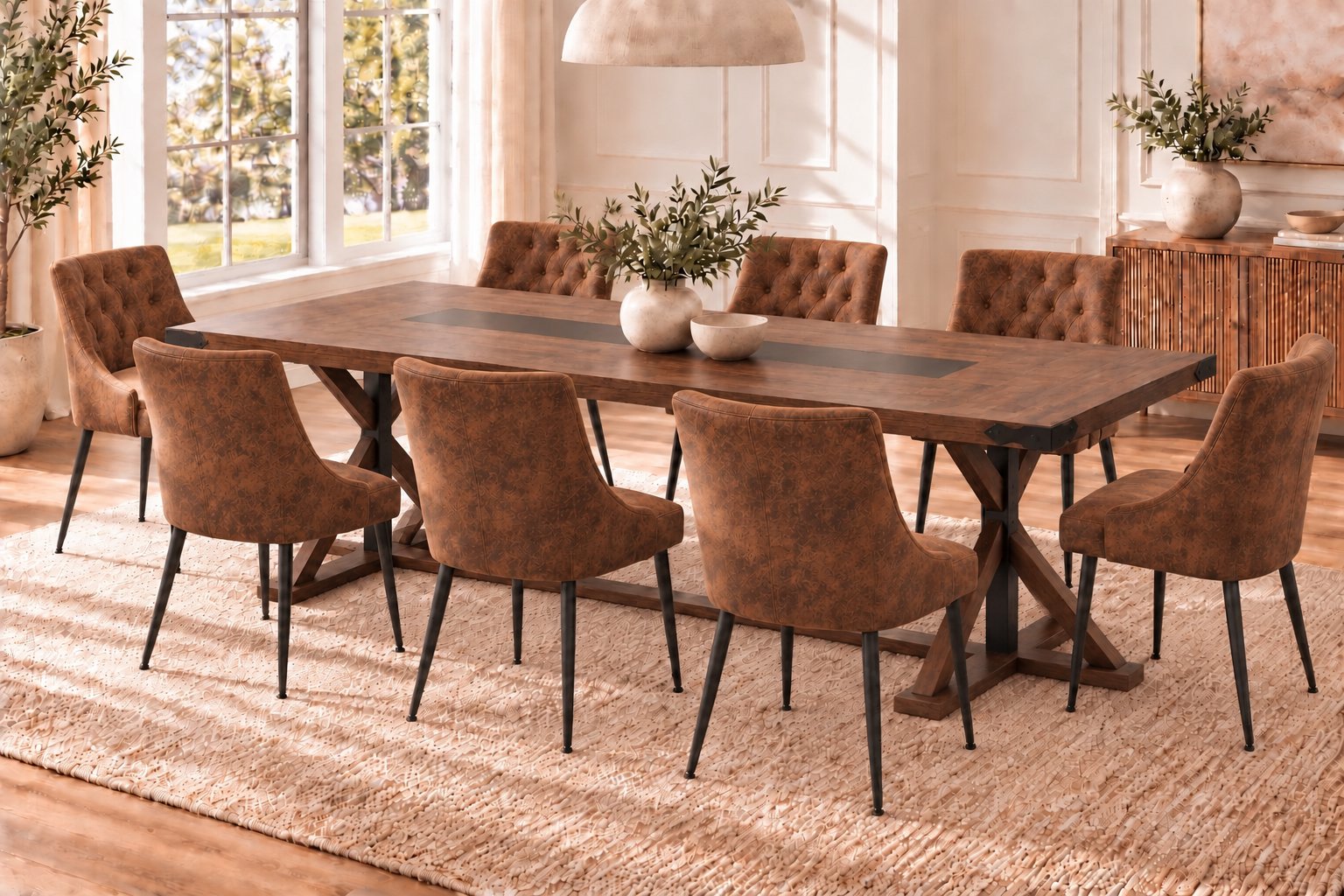 Trestle dining set, eight seat, Table and eight chairs