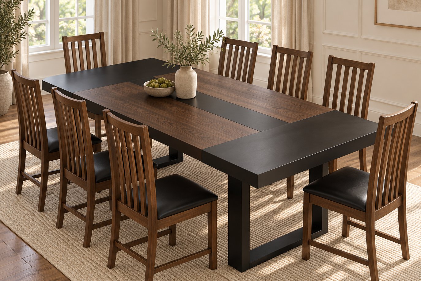 Walnut dining table with blackened ends, Table and eight chairs