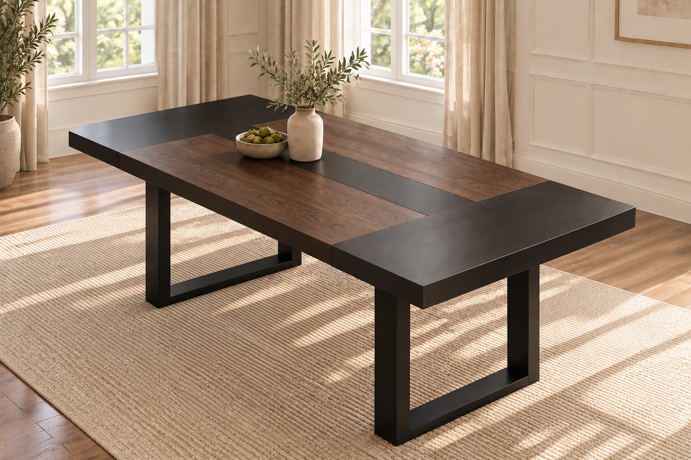 Walnut dining table with blackened ends